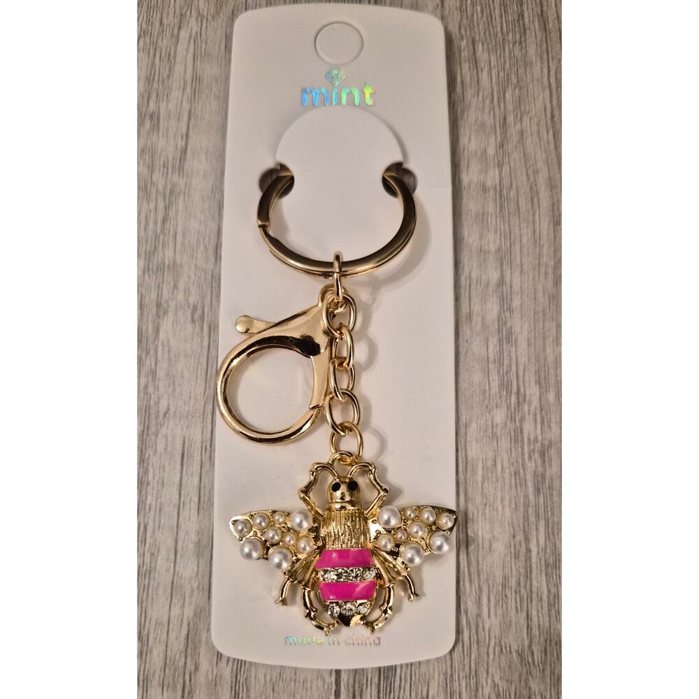 NWT Mint Gold Bumblebee Bag Charm Keychain Pink Rhinestone Pearl Cottagecore